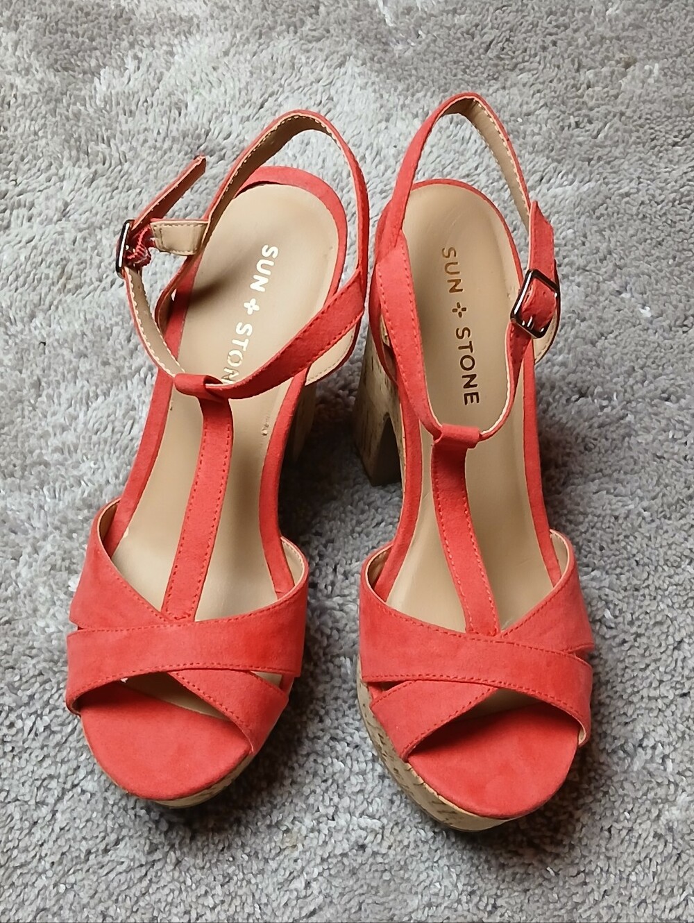 Sun + Stone Coral T-Strap Platform Sandals